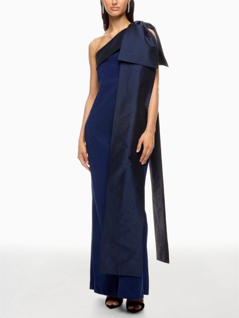 Bernadette Adrian One Shoulder Gown Maxi Dress Navy Blue Bow - Size 38 = US 6